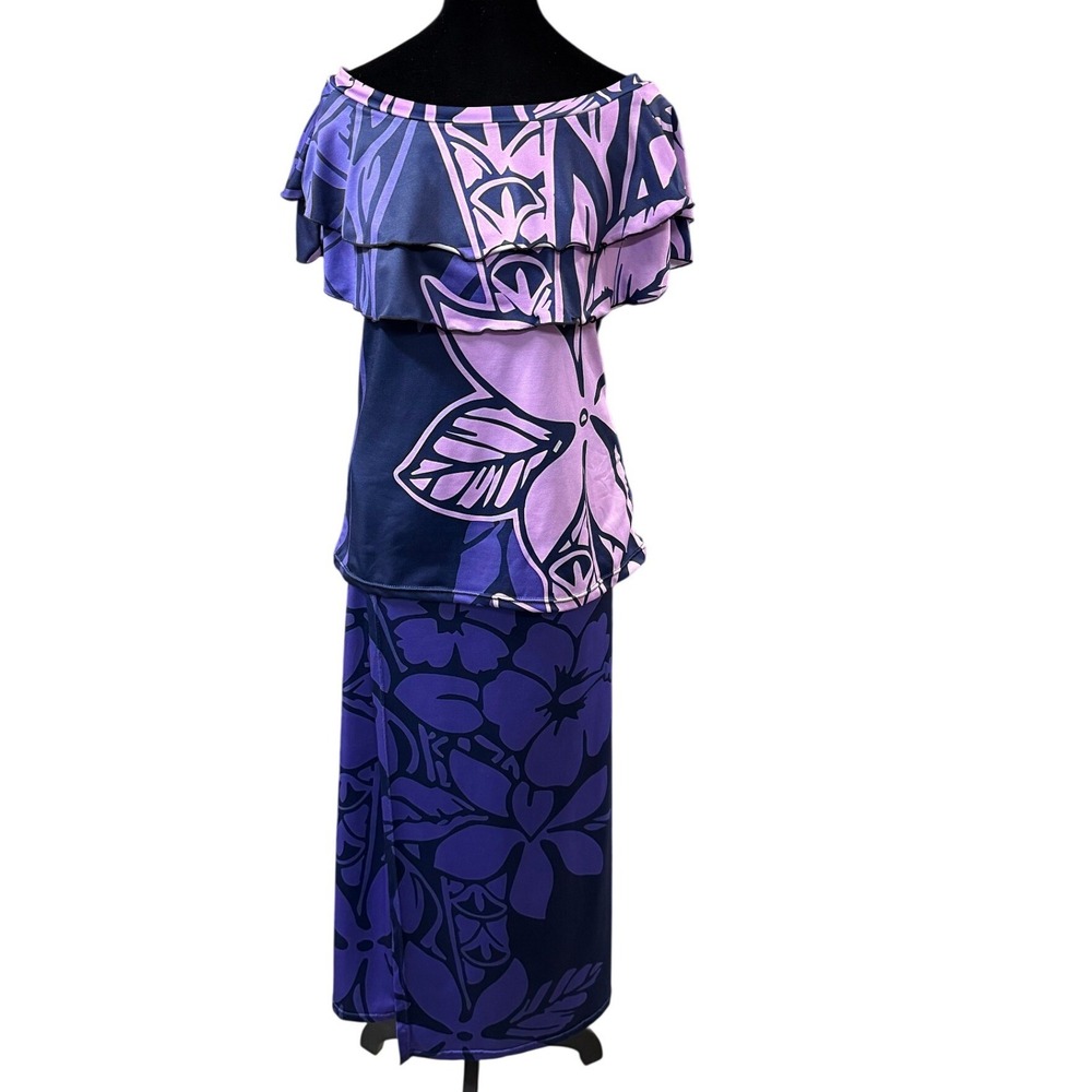 Tropical Hawaiian Off Shoulder Ruffle Top Maxi Skirt Set Large Purple Cruise